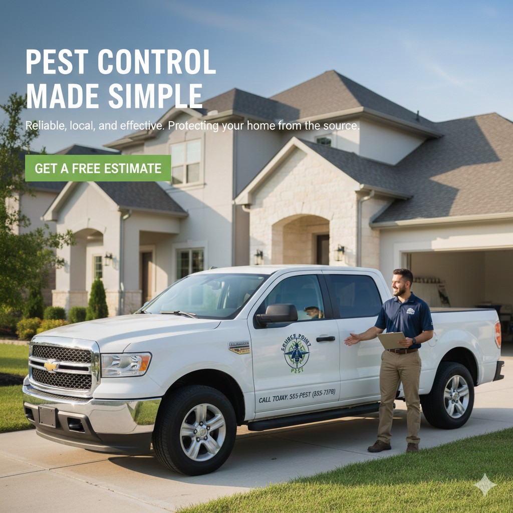 Pest control technician standing by a service truck in front of a home